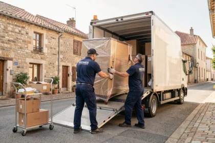 Équipe de déménagement professionnelle chargeant des meubles emballés dans un camion blanc dans une rue typique du Gers