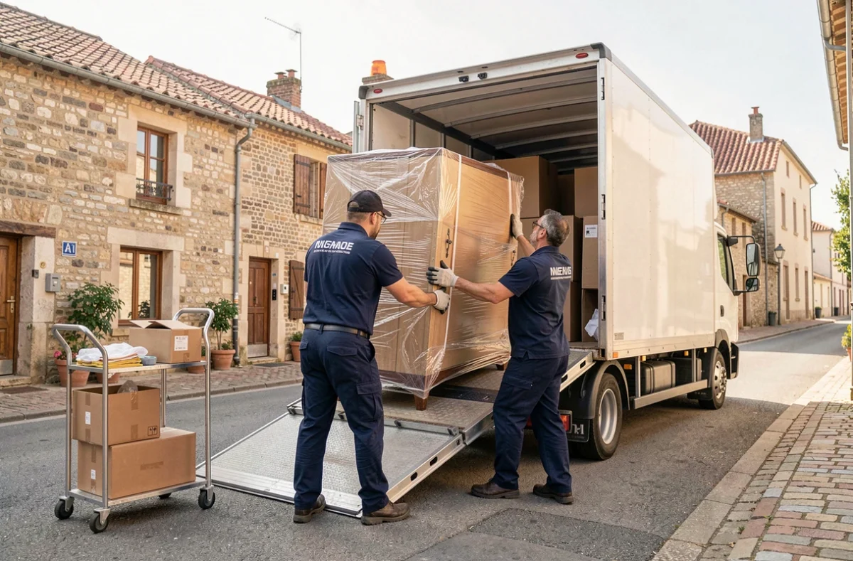Équipe de déménagement professionnelle chargeant des meubles emballés dans un camion blanc dans une rue typique du Gers