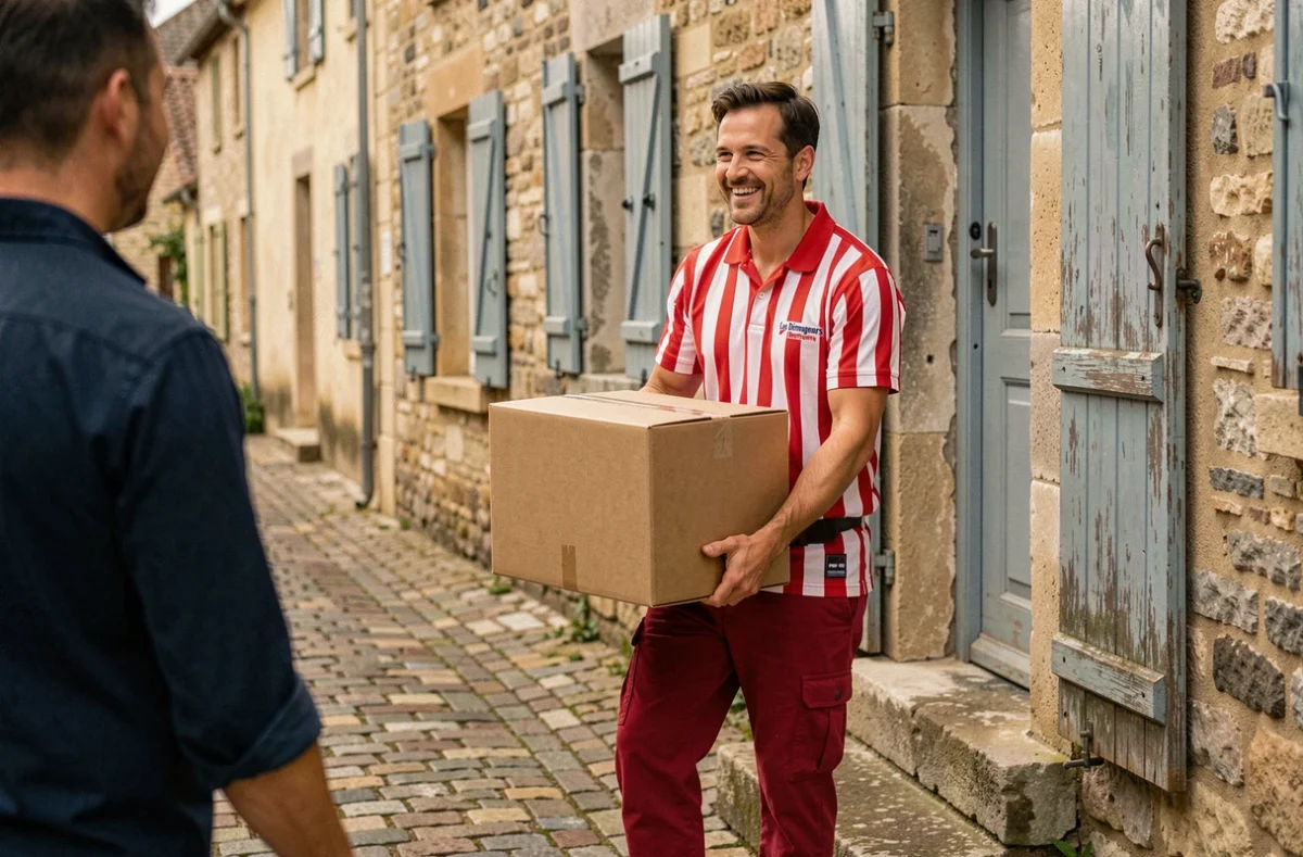 Déménageur des Déménageurs Bretons en uniforme rayé rouge et blanc portant un carton dans une rue en pierre d'un village du Gers