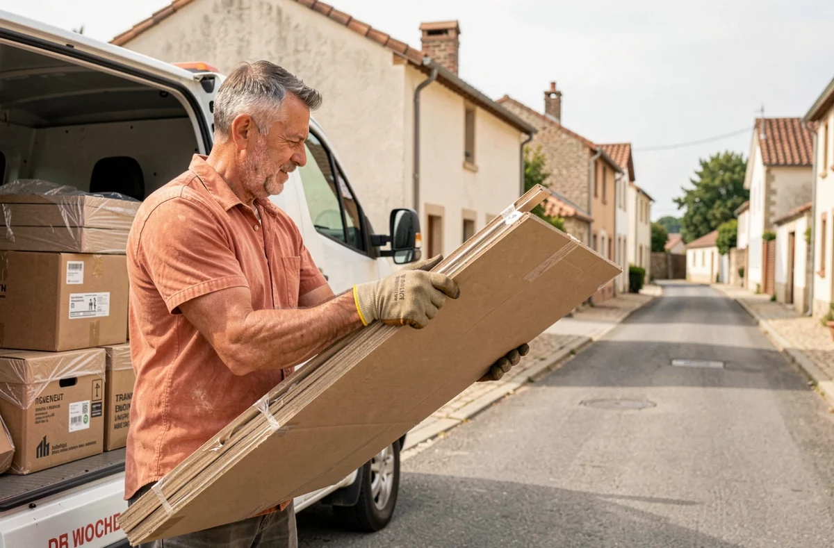 Déménageur des Déménageurs du Sud-Ouest chargeant des meubles en kit dans un camion sur une rue d'un village gascon dans le Gers