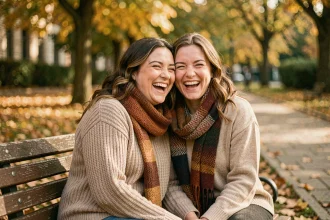 Deux amies riant ensemble sur un banc de parc en automne, illustrant une vraie citation sur l'amitié