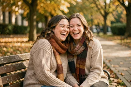 Deux amies riant ensemble sur un banc de parc en automne, illustrant une vraie citation sur l'amitié