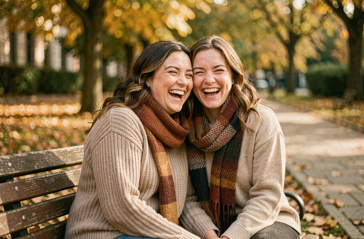 Deux amies riant ensemble sur un banc de parc en automne, illustrant une vraie citation sur l'amitié
