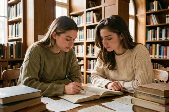 Deux femmes consultant un livre de grammaire française ensemble dans une bibliothèque parisienne classique, illustrant la règle orthographique de toutes les deux