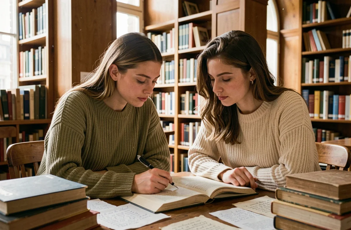 Deux femmes consultant un livre de grammaire française ensemble dans une bibliothèque parisienne classique, illustrant la règle orthographique de toutes les deux