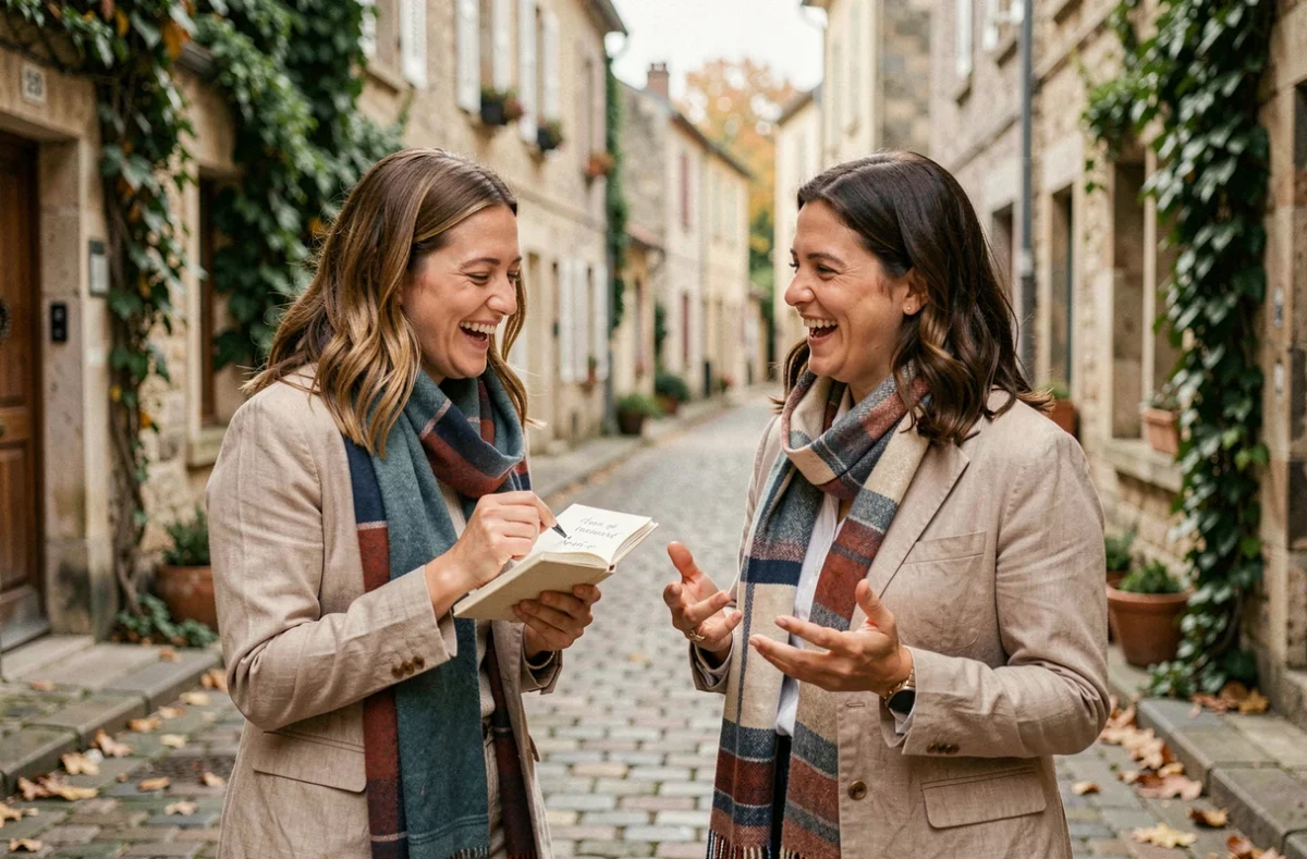 Deux femmes discutant de l'orthographe française dans une rue pavée d'un village français, l'une tenant un carnet avec la phrase écrite à la main