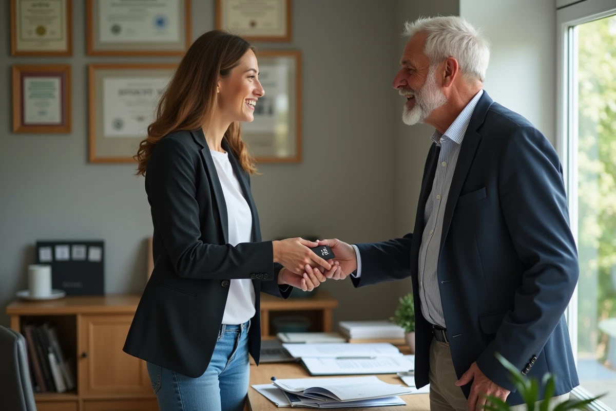Une femme remet un clé USB à un homme dans un bureau à domicile