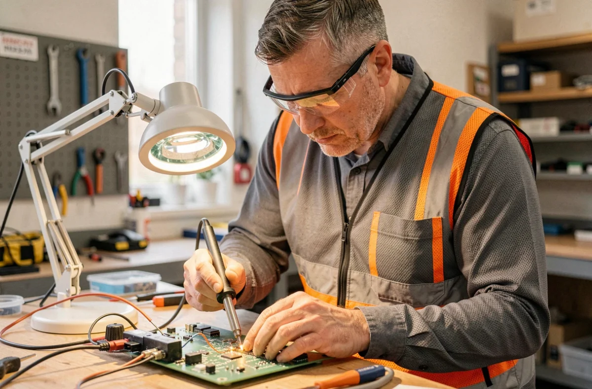 Électricien d'EGM 54 soudant un composant électronique dans un atelier à Nancy