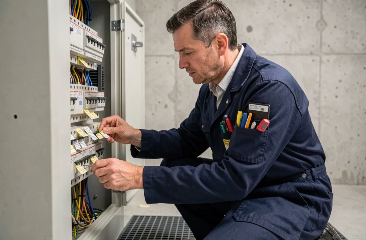 Électricien d'Elec Solutions 54 étiquetant un tableau de disjoncteurs dans un sous-sol à Nancy