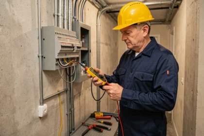 Électricien professionnel inspectant un tableau électrique dans une maison à Nancy
