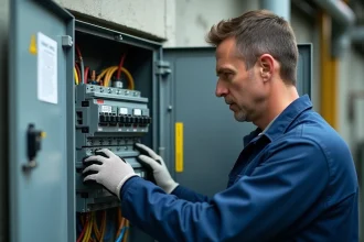 Électricien professionnel inspectant un tableau électrique triphasé secondaire avec disjoncteurs calibrés dans un environnement industriel