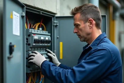 Électricien professionnel inspectant un tableau électrique triphasé secondaire avec disjoncteurs calibrés dans un environnement industriel
