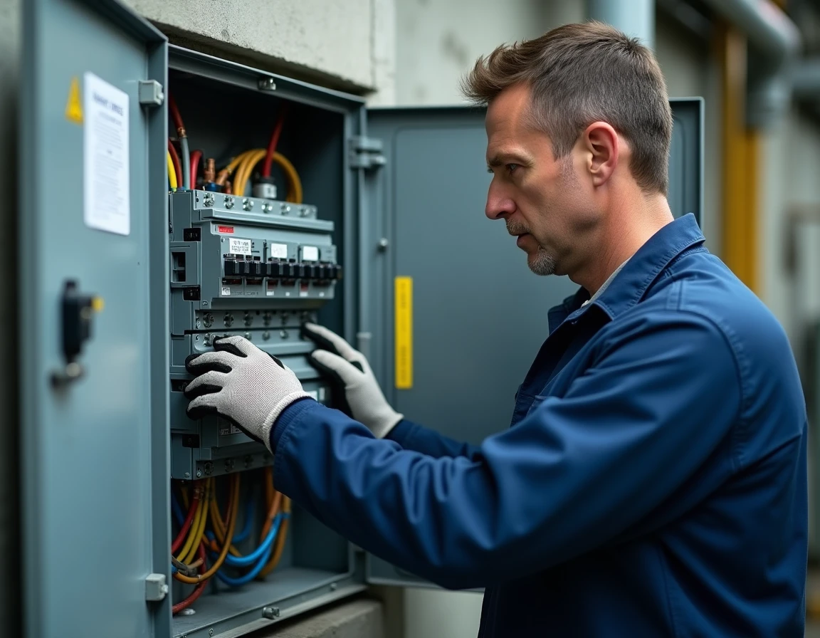 Électricien professionnel inspectant un tableau électrique triphasé secondaire avec disjoncteurs calibrés dans un environnement industriel
