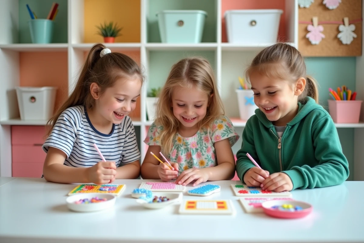 Trois enfants créant des personnages kawaii en perles Hama sur des plaques de pixel art dans une salle de jeux colorée