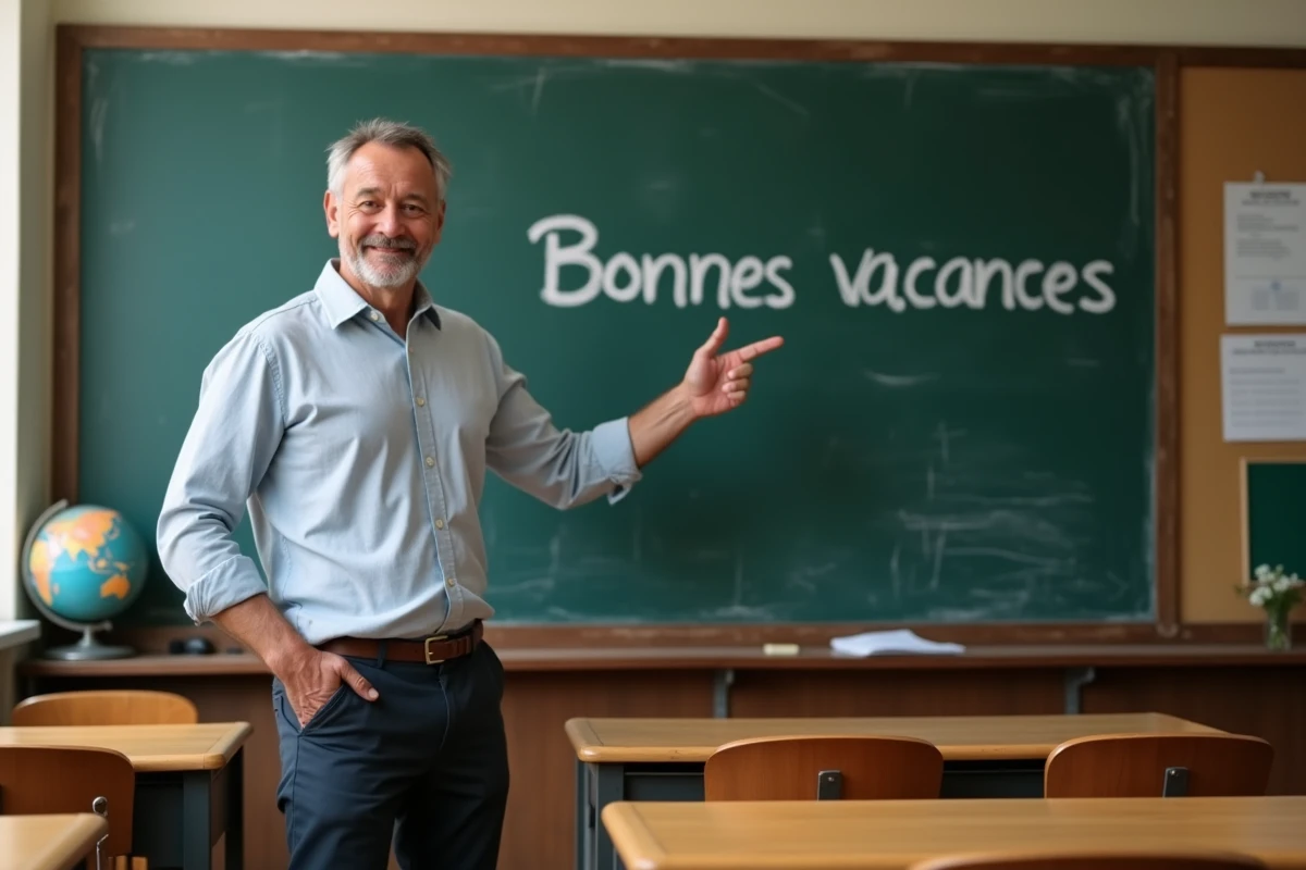 Enseignant pointant la règle orthographique bonnes vacances écrite à la craie sur un tableau noir dans une salle de classe