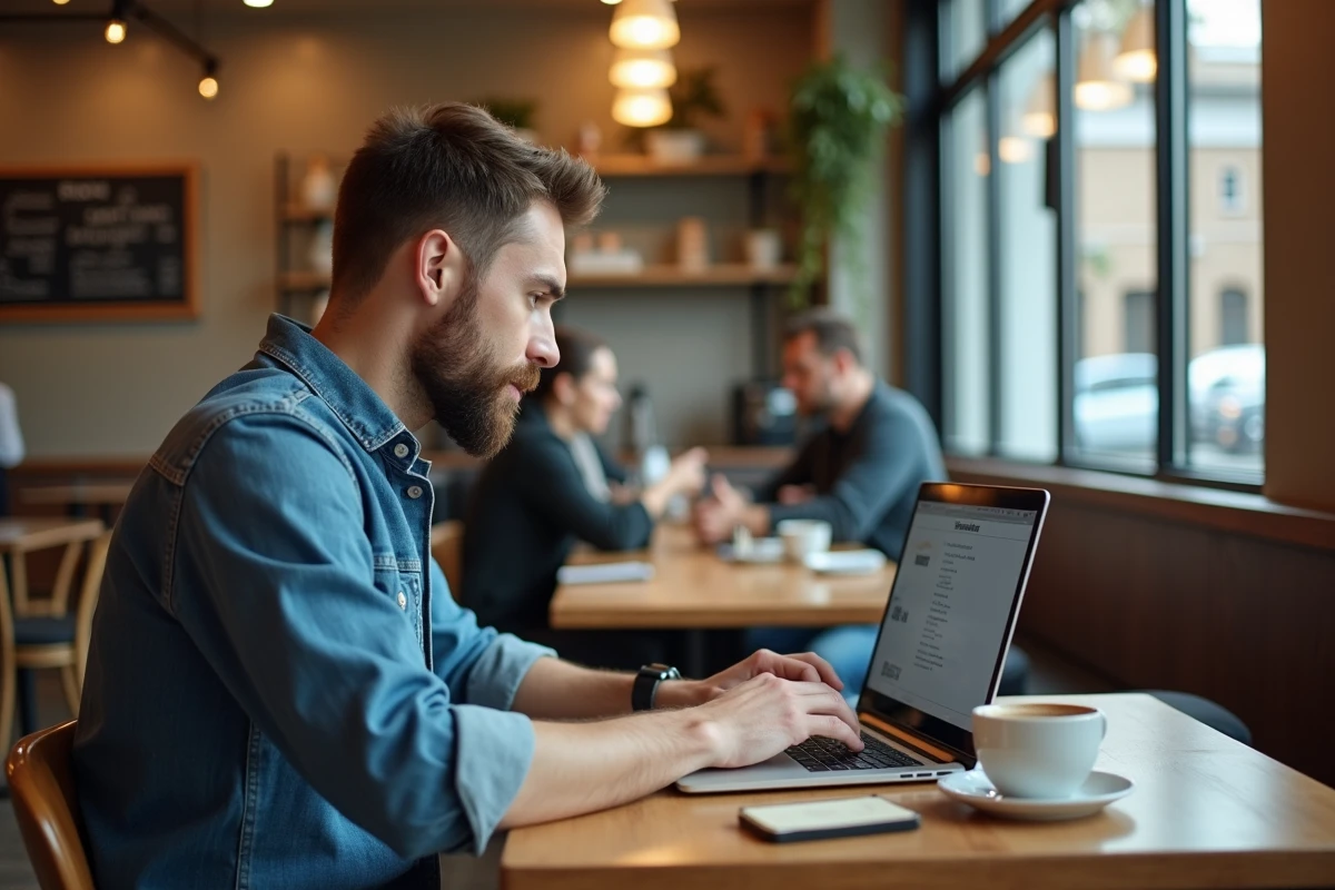 Entrepreneur engagé travaillant sur une stratégie digitale pour une association dans un café urbain