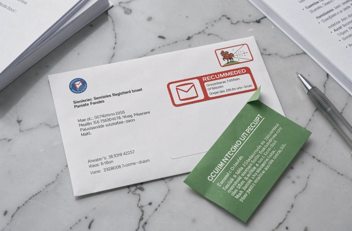 Enveloppe de lettre recommandée avec accusé de réception vert et autocollant postal sur fond marbre