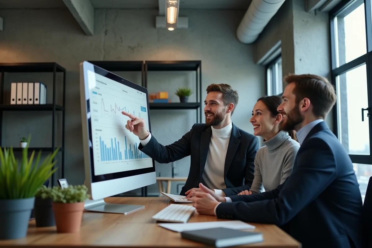 Équipe de professionnels adultes analysant les tendances d'un blog sur un écran dans un espace de travail moderne