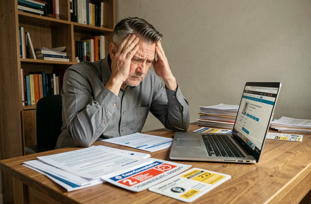 Un homme stressé assis à son bureau face à des documents de contravention de classe 5, illustrant les erreurs fréquentes lors d'une contestation