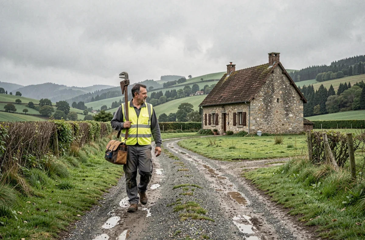 Plombier Etienne Services marchant vers une ferme isolée dans les zones rurales du Jura