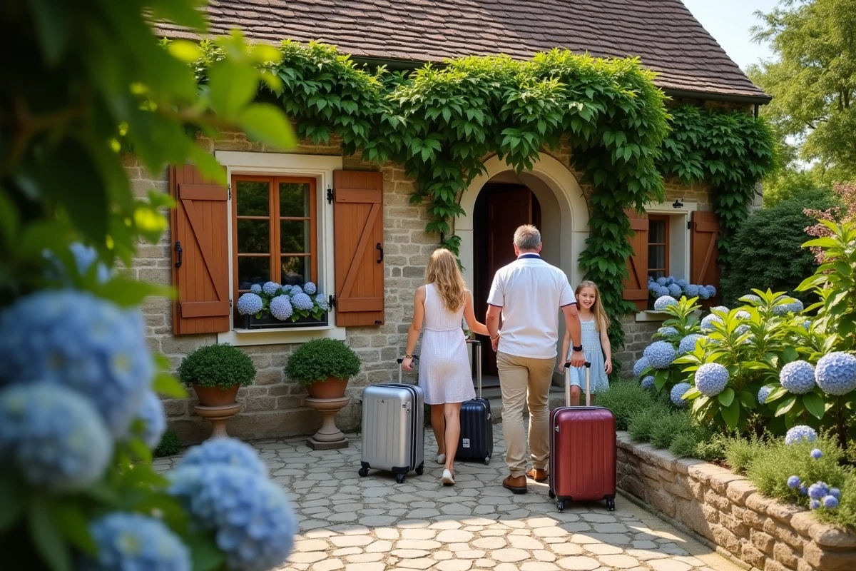 Famille accueillie devant une maison en pierre charmante