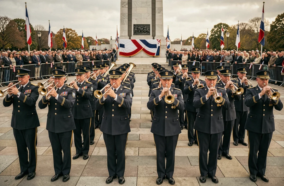 Fanfare militaire en uniforme jouant lors d'une cérémonie commémorative devant un monument aux morts