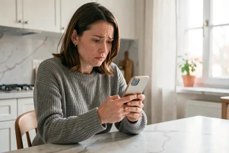 Femme inspectant un appel entrant suspect sur son smartphone avec un indicatif téléphonique international inconnu