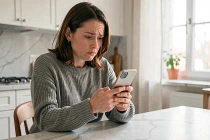 Femme inspectant un appel entrant suspect sur son smartphone avec un indicatif téléphonique international inconnu