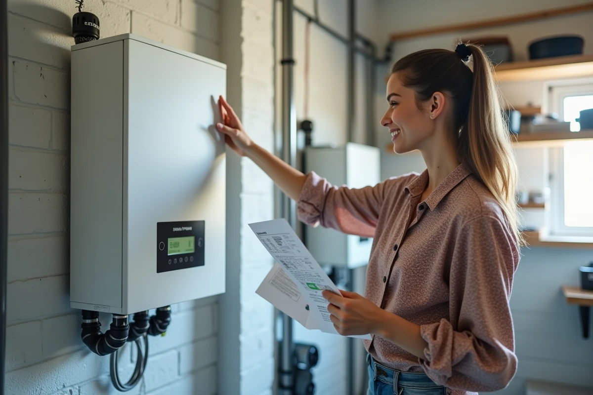 Jeune femme lisant un manuel solaire dans un local technique