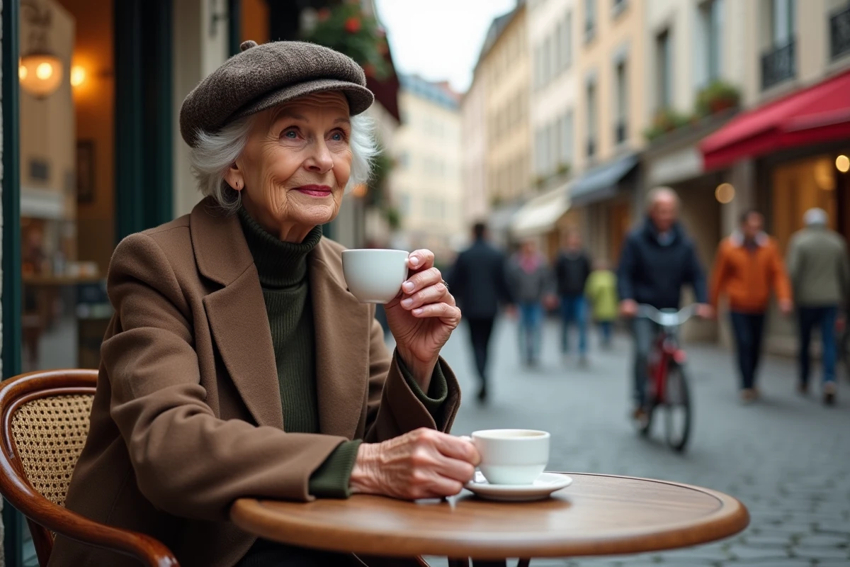 Femme âgée dégustant un café dans un café parisien