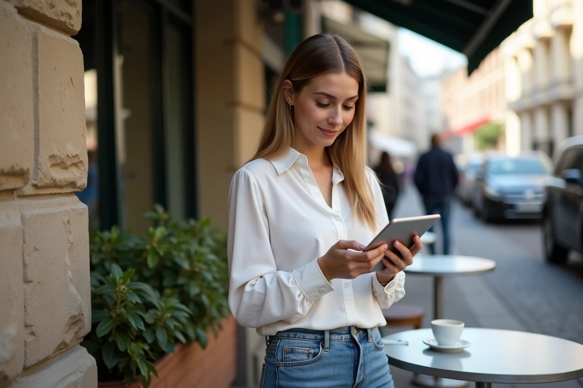 Jeune femme utilisant une tablette dans un café en ville