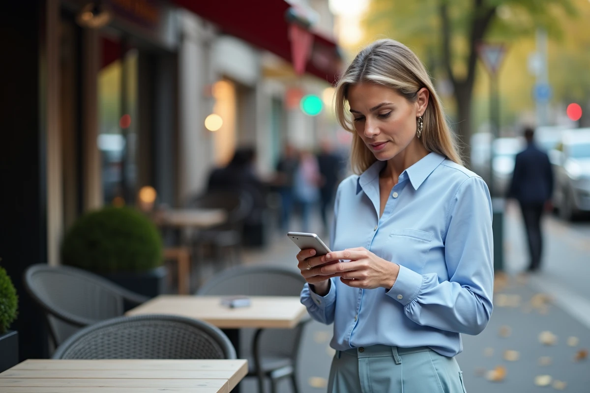 Femme d age moyenne vérifie VPN sur smartphone en extérieur