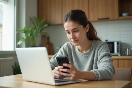 Jeune femme en détente avec ordinateur et smartphone