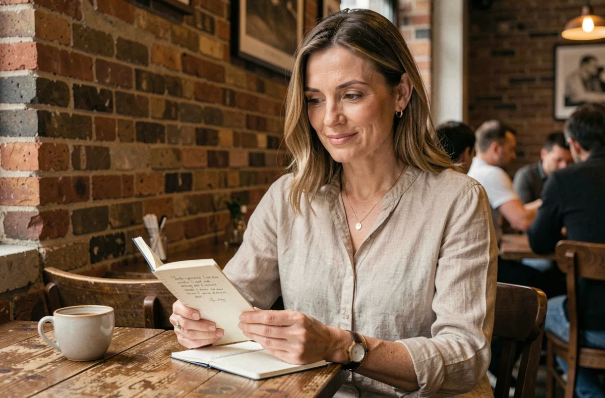 Femme réfléchissant à une citation sur les hypocrites dans un café, carnet ouvert sur la table