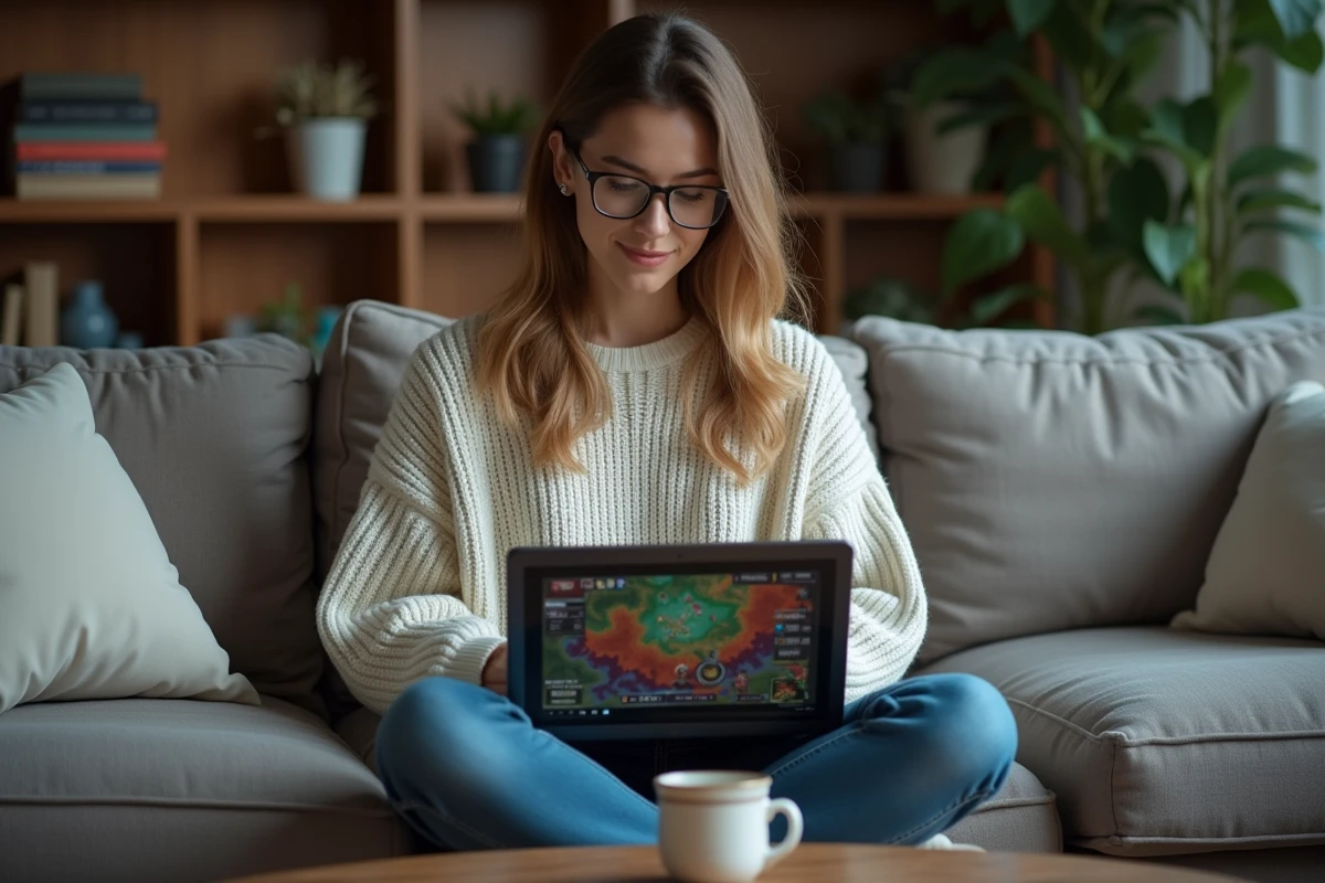 Femme détendue jouant à un jeu de stratégie au tour par tour sur un ordinateur portable depuis son canapé, illustrant la gestion des tours de jeu dans Dofusportal