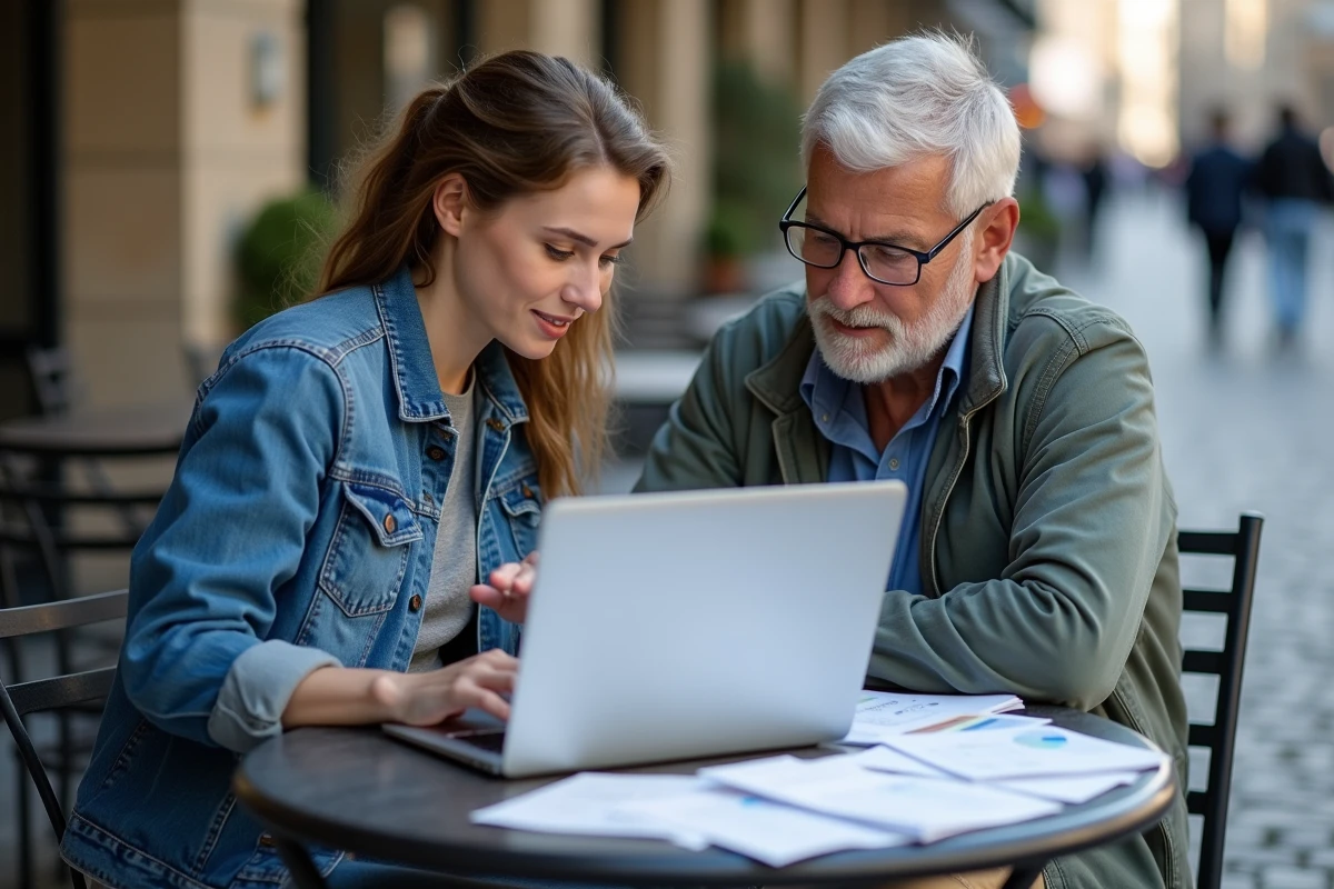 Femme et homme au café analysant des dépenses sur ordinateur