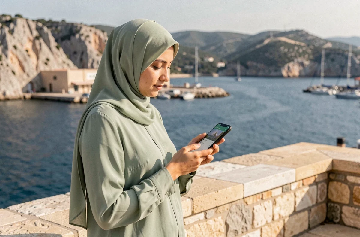Femme consultant les horaires de prière sur son téléphone avec vue sur le port de Toulon en arrière-plan