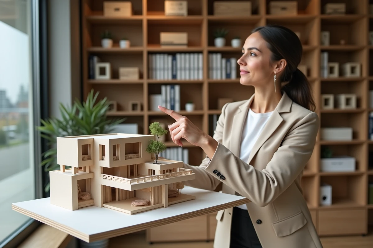 Femme professionnelle montrant un modèle immobilier