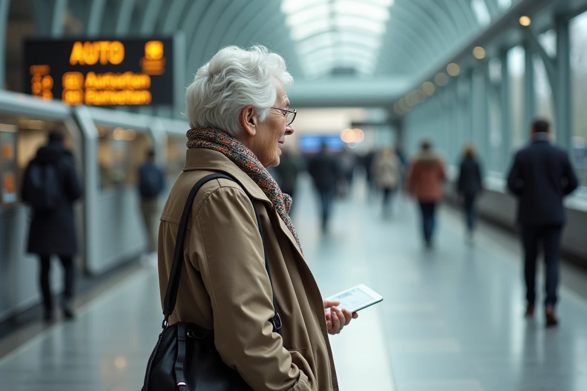 Femme âgée lisant panneau d information dans la gare française
