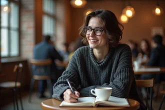 Femme introvertie souriante dans un café écrivant des blagues d'humour noir dans un carnet