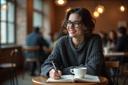 Femme introvertie souriante dans un café écrivant des blagues d'humour noir dans un carnet