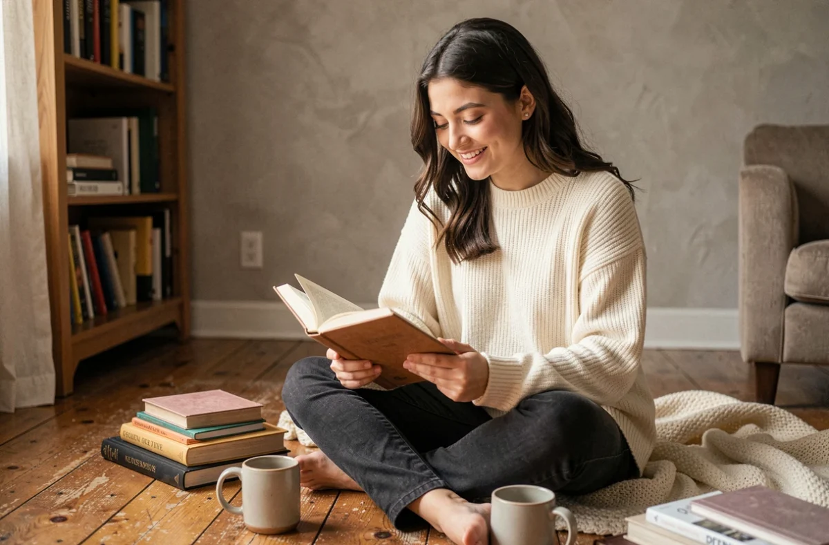 Jeune femme souriante lisant son journal intime chez elle, évoquant une citation touchante sur l'amitié et les souvenirs