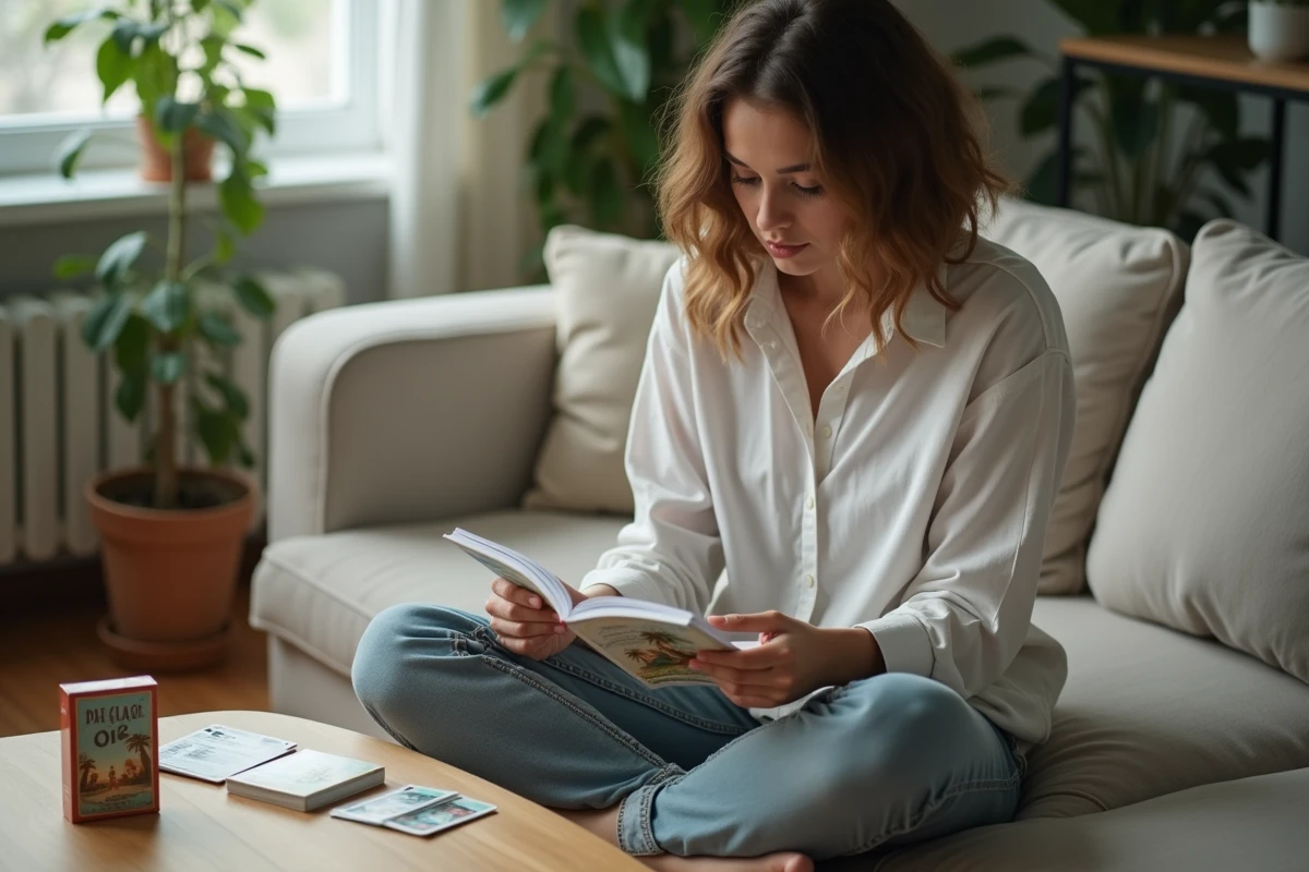 Femme lisant attentivement le règlement du jeu de palmiers posé sur ses genoux, avec un jeu de cartes tropicales sur la table basse