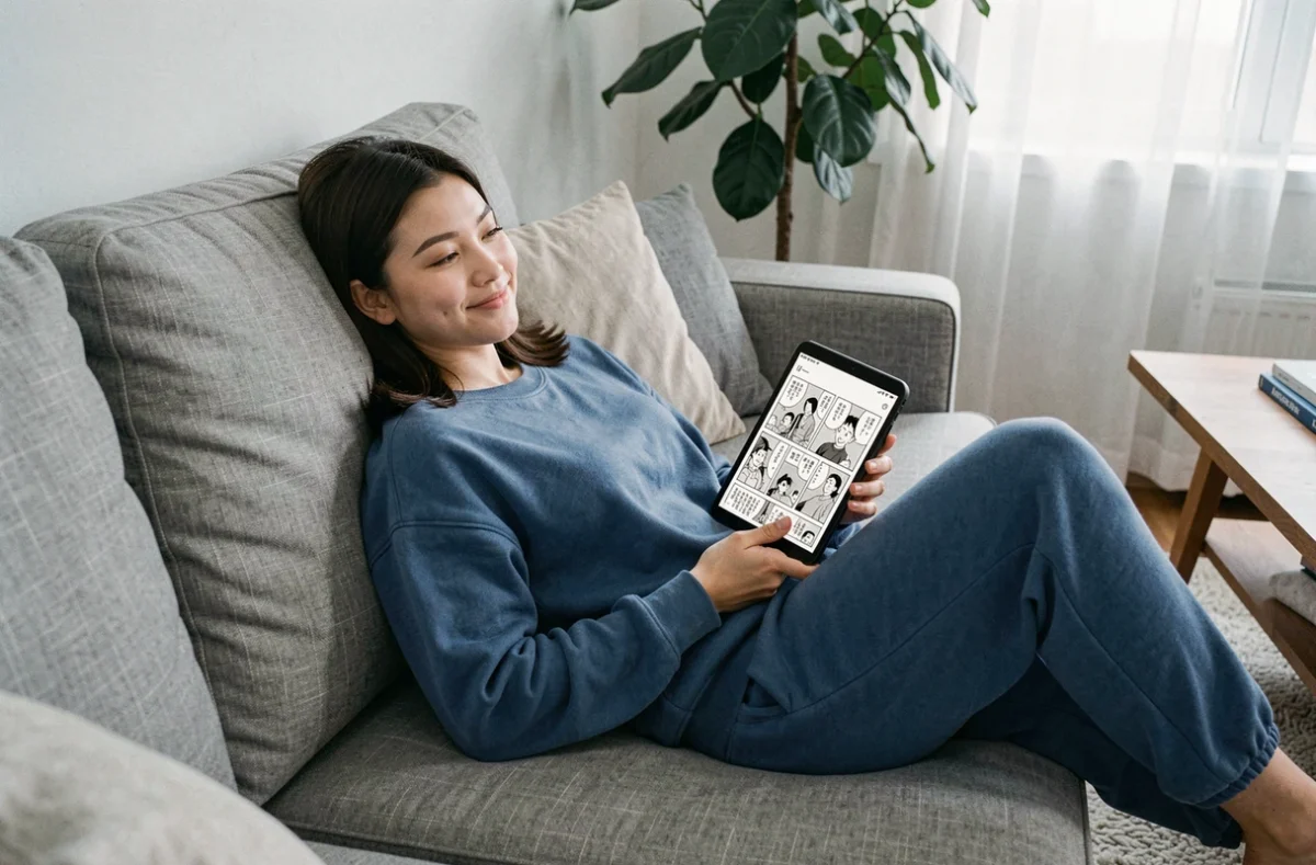 Jeune femme lisant un scan de manga sur une tablette confortablement installée dans un salon