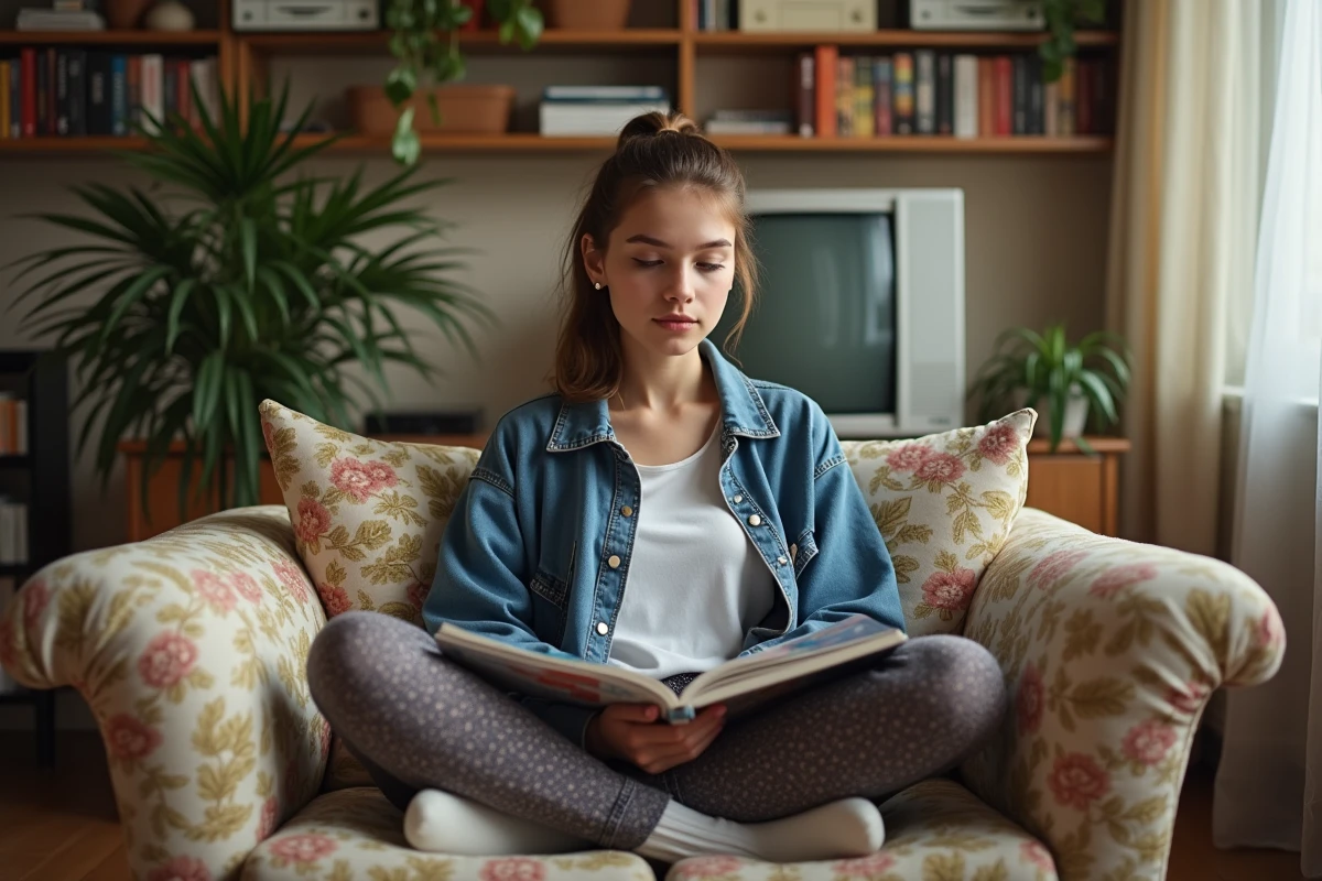 Jeune femme lisant un magazine de mode 1994 sur un canapé floral