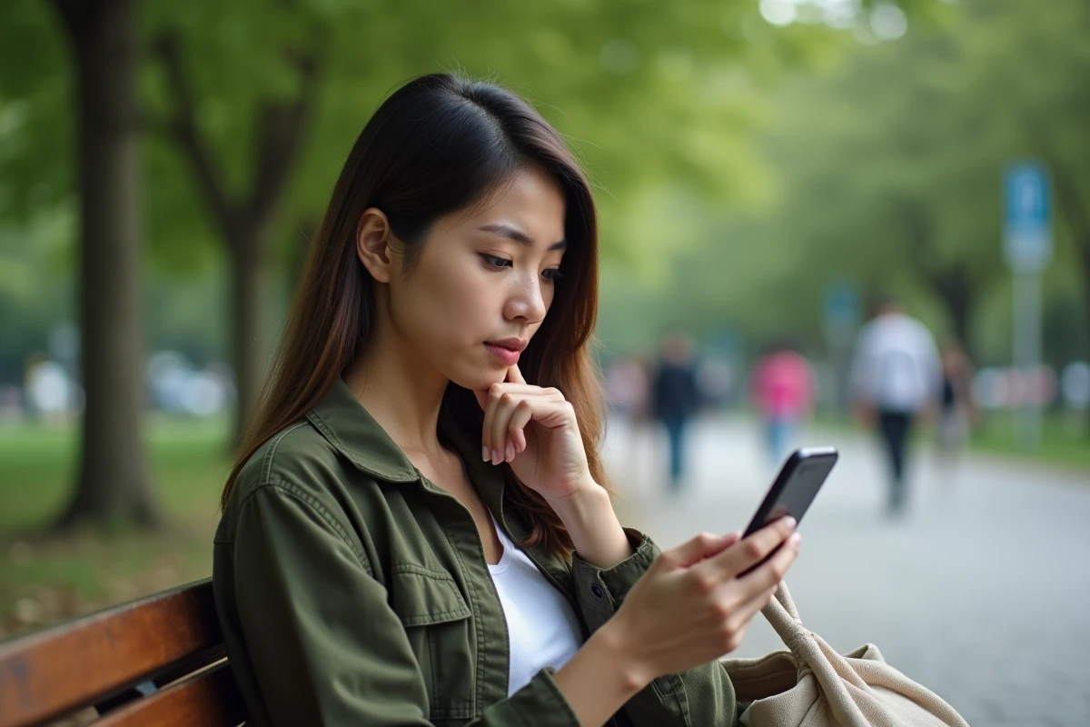 Jeune femme dans un parc urbain hésitant à rappeler un numéro de téléphone inconnu