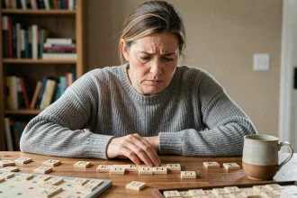 Femme concentrée jouant au Scrabble, perplexe devant les lettres KO sur un plateau de jeu en bois