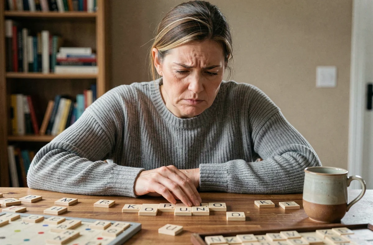 Femme concentrée jouant au Scrabble, perplexe devant les lettres KO sur un plateau de jeu en bois