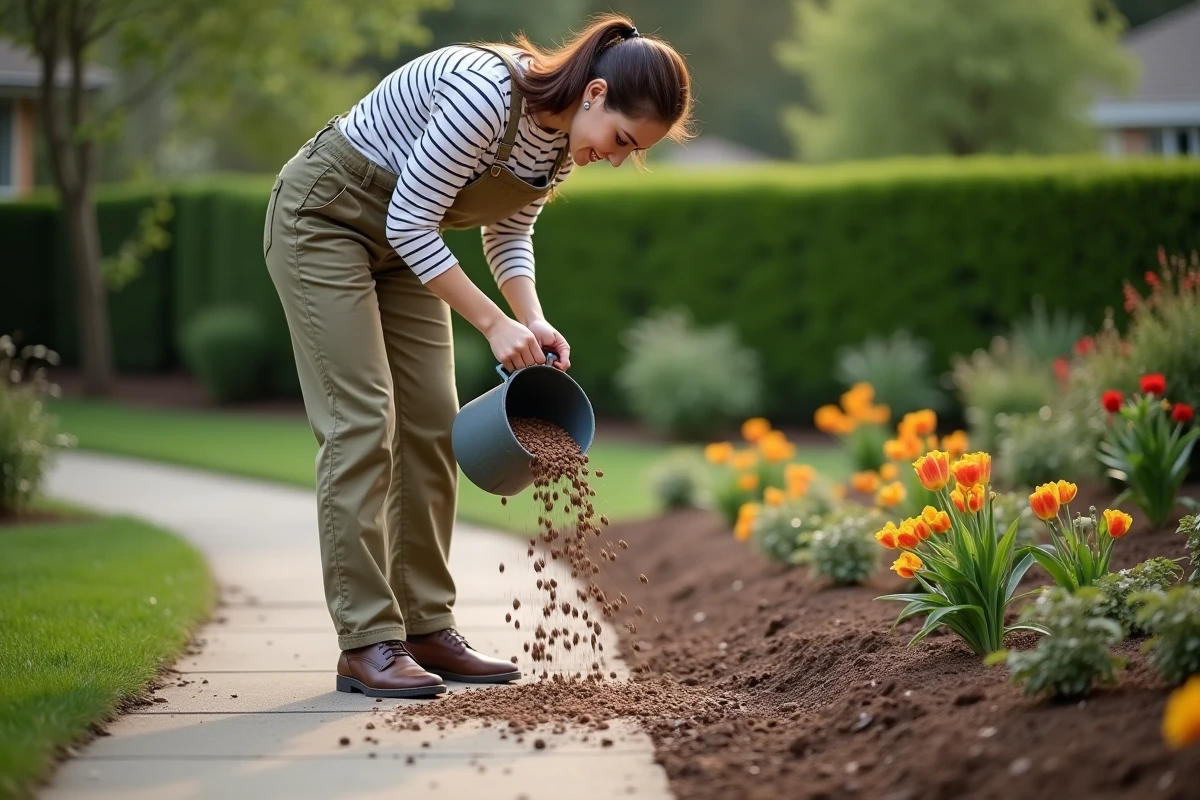 Jeune femme en salopettes verse des cailloux sur le sol dans le jardin
