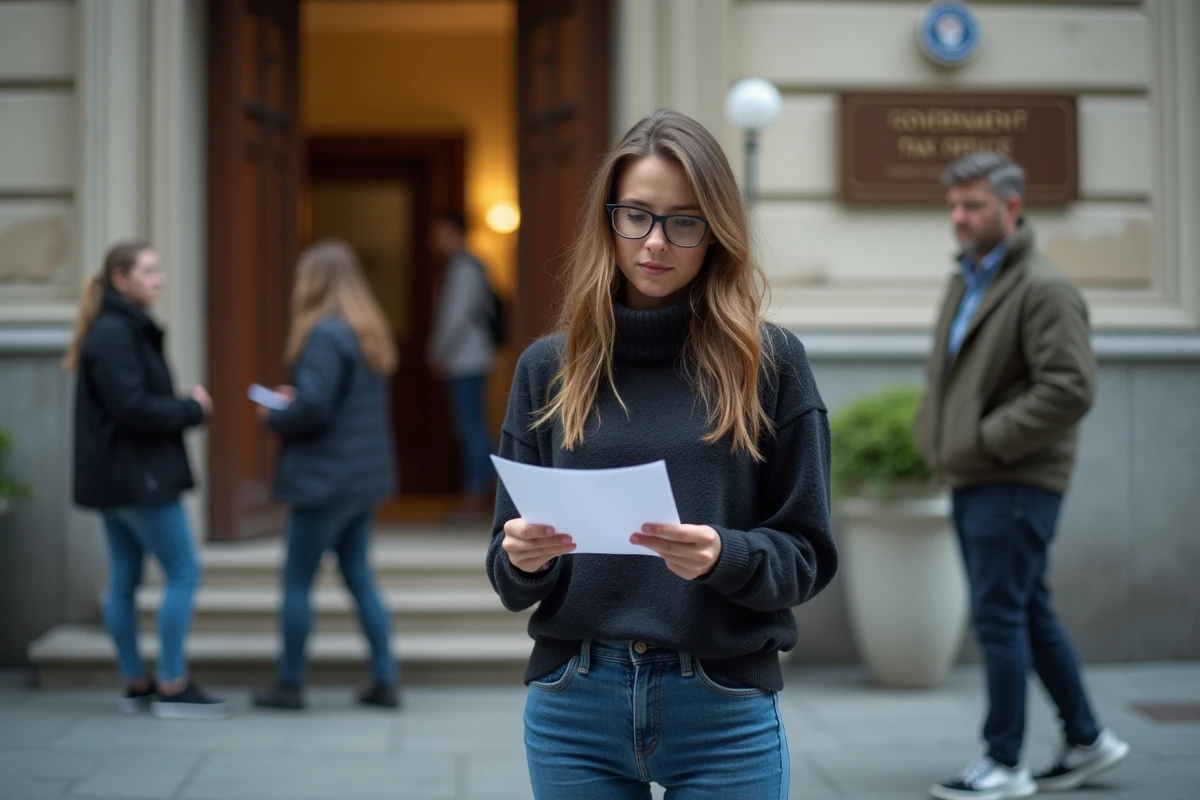 Jeune femme anxieuse devant un bâtiment administratif fiscal